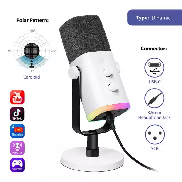 Настолен микрофон FIFINE AM8 Dynamic RGB XLR/USB - White