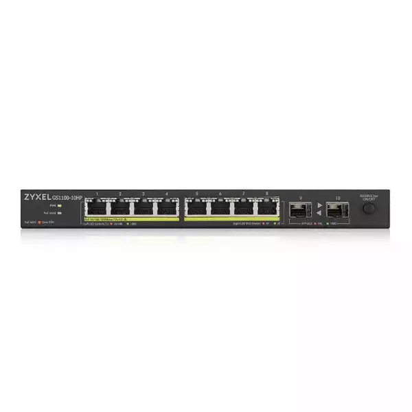 Суич ZYXEL GS1100-10HP, 8-портов, Gigabit, PoE, 2xSFP Суич ZYXEL GS1100-10HP, 8-портов, Gigabit, PoE, 2xSFP