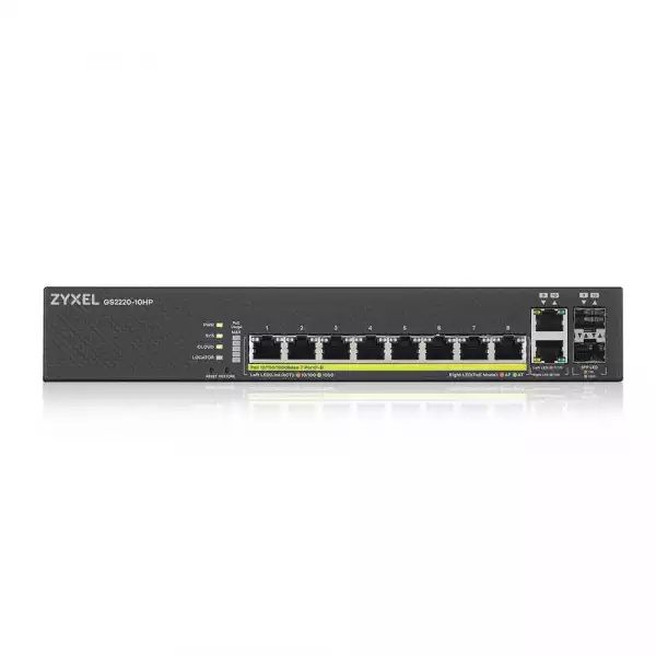 Суич ZyXEL GS-2220-10HP, 10 портов Layer2+, 8x Gigabit PoE + 2x Gigabit combo (RJ45/SFP), управляем