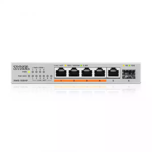 Суич ZyXEL XMG-105HP  5 портов 2,5Gb + 1xSFP+, 4 порта 70W PoE++, неуправляем