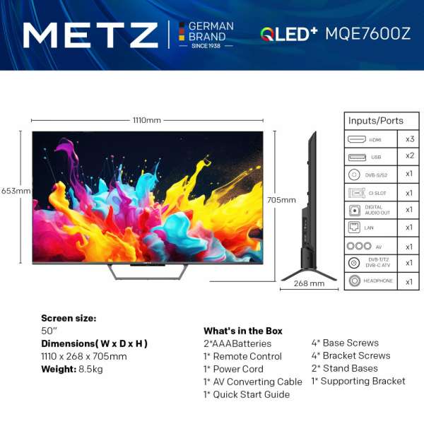 Телевизор METZ 50MQE7600Z, 50"(126 см), QLED+,Anti-Glare Google TV, 4K/UHD, 60Hz Телевизор METZ 50MQE7600Z, 50"(126 см), QLED+,Anti-Glare Google TV, 4K/UHD, 60Hz