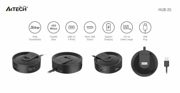 USB хъб A4tech HUB-20, 4 портов, USB 2.0 USB хъб A4tech HUB-20, 4 портов, USB 2.0