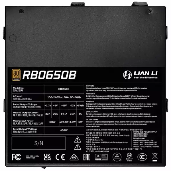 Захранващ блок Lian Li RB650B Black 650W 80+ Bronze PCIe 5.1, ATX 3.1