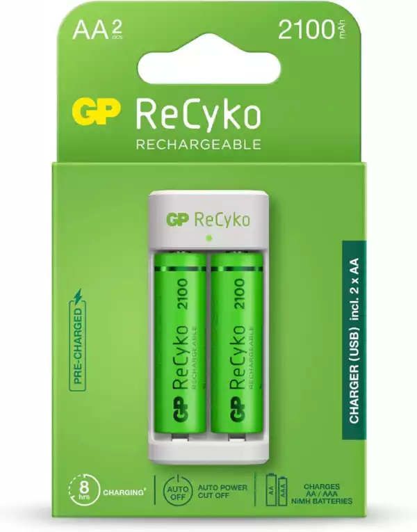 Зарядно GP BATTERIES E211 + 2 * 2100mAh AA, За 2 броя, NiMH