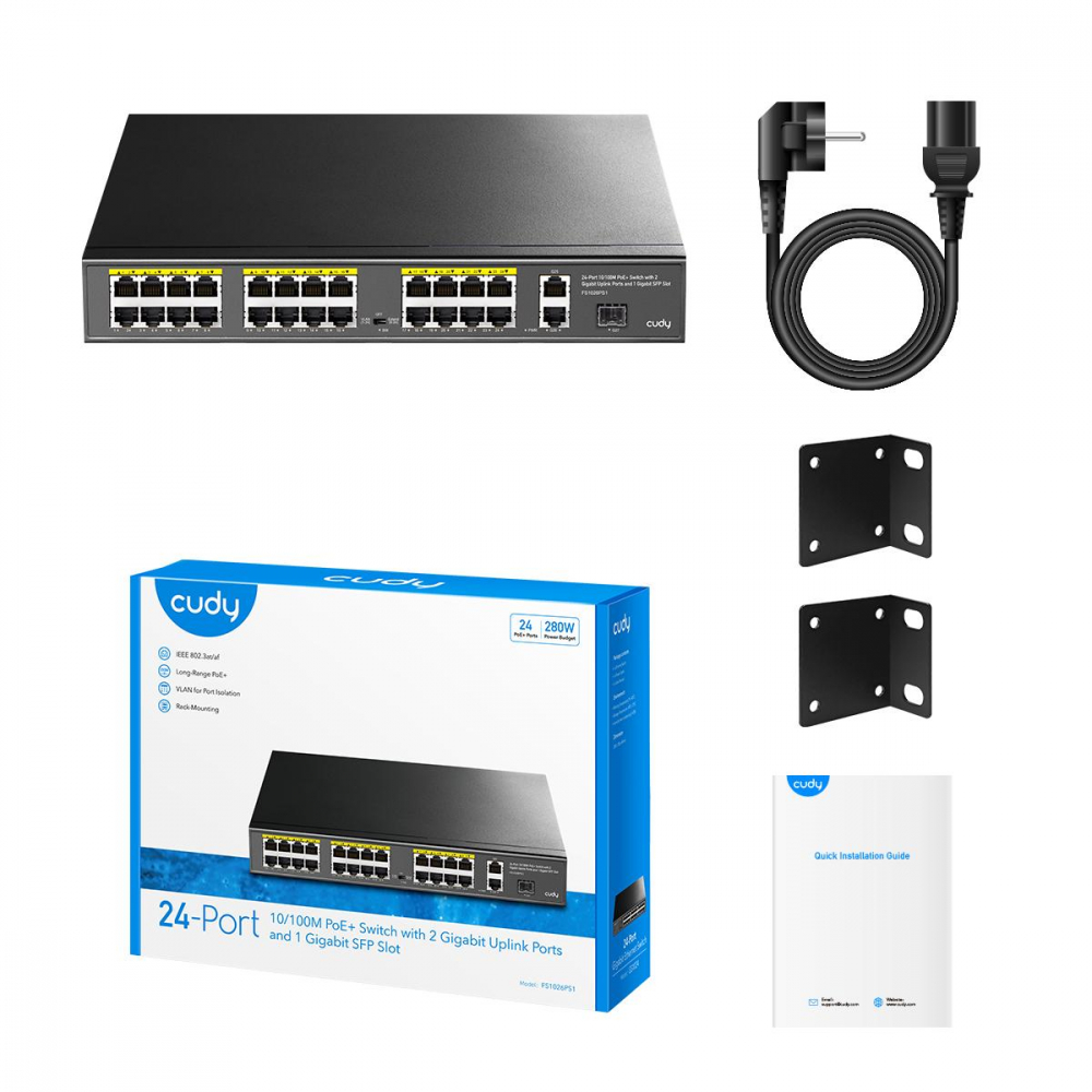 Суич Cudy FS1026PS1, 24 x 10/100 PoE+ Switch 2 x Gigabit порта, 1 x SF ...