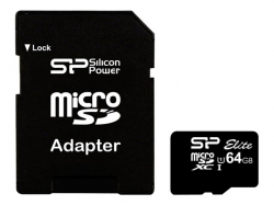Silicon Power Elite /class 10 64GB mSD Card UHS-1 (U1) R/W: up to 85/10 MB/s, ECC function, Shock/water/x-ray-proof, w/ adapter