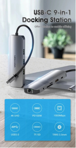 Vention докинг станция Docking Station Type-C - TOLHB - HDMI x 1, USB3.0 x 3, USB-C PD100W x 1, LAN x 1 (1Gbps), SD/TF, Audio