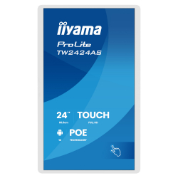 Тъч Компютър IIYAMA TW2424AS-W3P, 23.8 inch, IPS panel, FHD 1920x1080, 450cd/m2, 1000:1, 14ms, InCell PCAP touch, HDMI, USB-C, 2x USB, LAN, PoE, Mic, Speakers, Android 14 with GMS, Octa Core, 4GB, 32GB, WiFi, BT, 24/7, 6H, Portrait, Face up, White