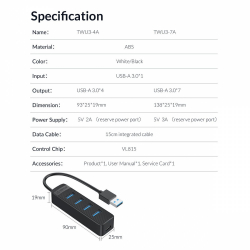 Orico хъб USB3.0 HUB 4 port - Type C input, 0.15m cable, aux Type-C power input - TWU3-4A-BK