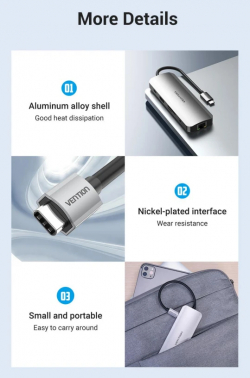 Vention докинг станция Docking Station Type-C - TOLHB - HDMI x 1, USB3.0 x 3, USB-C PD100W x 1, LAN x 1 (1Gbps), SD/TF, Audio