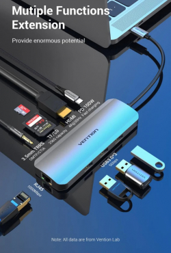 Vention докинг станция Docking Station Type-C - TOLHB - HDMI x 1, USB3.0 x 3, USB-C PD100W x 1, LAN x 1 (1Gbps), SD/TF, Audio
