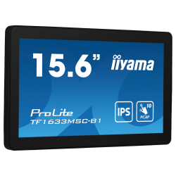Монитор IIYAMA TF1633MSC-B1, 15.6", Open Frame, IPS panel, 16:9, 1920x1080, 450 cd/m2, 1000:1, 5ms, 10-points PCAP, IP54 Front, OSD key lock, Blue light reducer, Palm rejection, HDMI, DisplayPort, 2x USB, Tilt, Speakers, VESA 100, Black