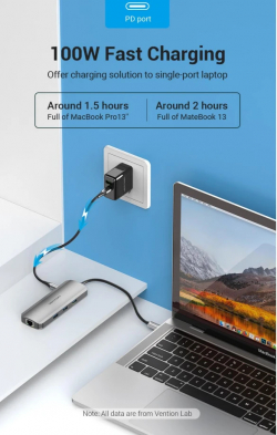Vention докинг станция Docking Station Type-C - TOLHB - HDMI x 1, USB3.0 x 3, USB-C PD100W x 1, LAN x 1 (1Gbps), SD/TF, Audio