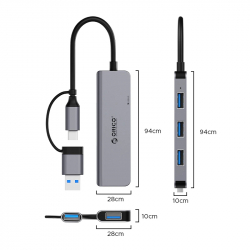 Orico хъб HUB USB-C/USB-A 4 port - USB3.0 x 1, USB2.0 x 3, Aluminium - YSA5-U3-GY