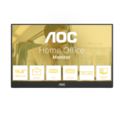 Монитор AOC 16T20E2, 15.6 inch portable monitor, IPS panel, AG, FHD 1920x1080, 250cd/m2, 1000:1, 50M:1, 60Hz, 4ms, Low Blue Ligh, Flicker-Free, mini HDMI, USB-C, Speaker, Magnetic cover with Stand, VESA, Black
