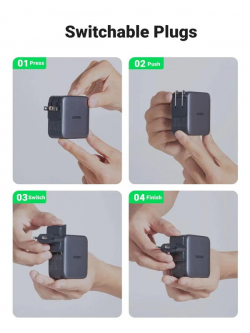 Зарядно устройство Ugreen CD296 90409, 220V 2xUSB C,1xUSB,65W, с адаптери за US,UK,EU