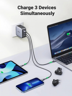 Зарядно устройство Ugreen CD296 90409, 220V 2xUSB C,1xUSB,65W, с адаптери за US,UK,EU