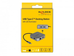 Докинг станция Delock, USB-A, USB-C, HDMI, Gigabit LAN, PD, Подсветка, Сива