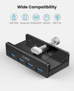 Orico хъб USB 3.0 HUB Clip Type 4 port - aux Micro-USB power input, Black - MH4PU-P-BK