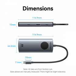 Vention докинг станция Docking Station Type-C - TQZHB - 8K, LED Display - HDMI, USB 3.0 x 2, USB-C 3.2 Gen 1, PD100W,  LAN (1Gbps)