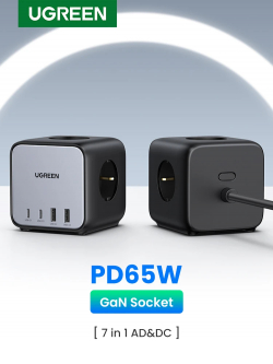 Ugreen разклонител Power Strip DigiNest Cube 65W - 3 x Schuko, 2xUSB-A, 2xUSB-C, GaN, 3680W CD268, 1.8m - 60113