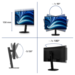 Монитор Philips 24B2N3200A/00, 23.8 inch, IPS panel, AG, FHD 1920x1080, 350 cd/m2, 1500:1, 120Hz, 4ms, SoftBlue, EyeSafe, D-mode, VGA, HDMI, DP, Audio out, Speakers, HAS, Swivel, Pivot, Tilt, Speakers, VESA, Energy class C, Black