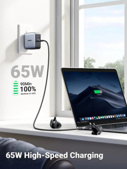 Зарядно устройство Ugreen CD296 90409, 220V 2xUSB C,1xUSB,65W, с адаптери за US,UK,EU