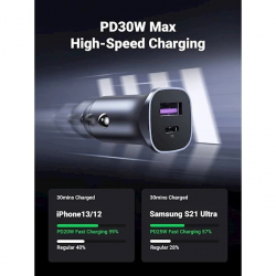 Ugreen зарядно за кола Fast Charger Car - Type-C + USB QC3.0, Power Distribution 30W CD130 - 40858