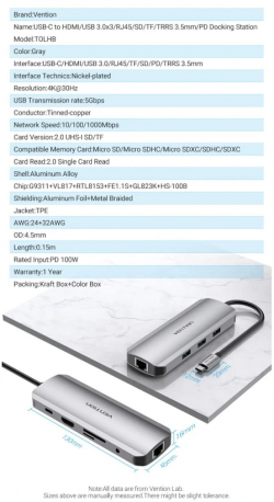Vention докинг станция Docking Station Type-C - TOLHB - HDMI x 1, USB3.0 x 3, USB-C PD100W x 1, LAN x 1 (1Gbps), SD/TF, Audio
