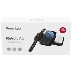 Prestigio ReVolt A5, 3-in-1 wireless charging station for iPhone, Apple Watch, AirPods, wilreless output for phone 7.5W/10W, wireless output for AirPods 5W, wireless output for Apple Watch 2.5W, material: aluminum+tempered glass, black+space grey color.