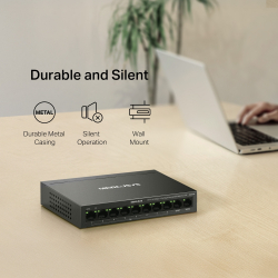 8-портов 10/100 Mbps + 2-портов Gigabit Desktop комутатор Mercusys MS110CP с 8 PoE+ порта
