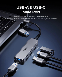 Orico хъб HUB USB-C/USB-A 4 port - USB3.0 x 1, USB2.0 x 3, Aluminium - YSA5-U3-GY