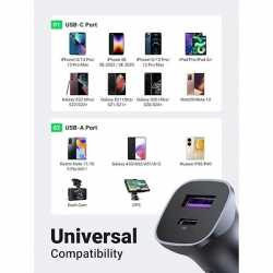 Ugreen зарядно за кола Fast Charger Car - Type-C + USB QC3.0, Power Distribution 30W CD130 - 40858