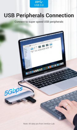 Vention докинг станция Docking Station Type-C - TOLHB - HDMI x 1, USB3.0 x 3, USB-C PD100W x 1, LAN x 1 (1Gbps), SD/TF, Audio