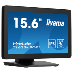 Монитор IIYAMA T1633MSC-B1, 15.6", IPS panel, Edge to edge glass, FHD 1920x1080, 16:9, 450cd/m2, 1000:1, 5ms, 10-pts PCAP touch, HDMI, DisplayPort, 2x USB, Speakers, IP54 front, Tilt, VESA 100, Black