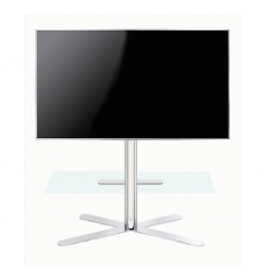 Елегантна мебел за дисплеи тип количка OMB SCEEN TOWER WH 32-55 inch, Max 35kg, Min 100x100, Max 600x400, Height 111 cm, Стъклен черен закален рафт, Hidden Cables, Easy Hanging System, Wheels, White, product code: H214