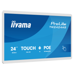 Тъч Компютър IIYAMA TW2424AS-W3P, 23.8 inch, IPS panel, FHD 1920x1080, 450cd/m2, 1000:1, 14ms, InCell PCAP touch, HDMI, USB-C, 2x USB, LAN, PoE, Mic, Speakers, Android 14 with GMS, Octa Core, 4GB, 32GB, WiFi, BT, 24/7, 6H, Portrait, Face up, White