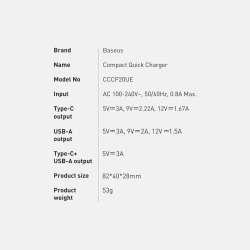 Зарядно устройство Baseus USB към USB Type C 20W 3A Quick Charge 3.0 CCXJ-B01 - черно