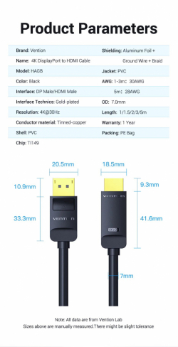 Vention кабел Cable DisplayPort to HDMI 1.5m - 4K, Gold Plated - HAGBG