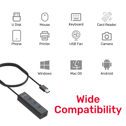 Unitek хъб USB3.0 HUB 4 port, 1.2m cable, aux USB-C power input - Y-3089V01