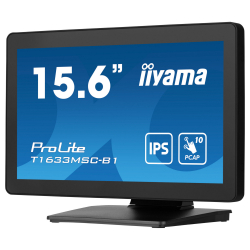 Монитор IIYAMA T1633MSC-B1, 15.6", IPS panel, Edge to edge glass, FHD 1920x1080, 16:9, 450cd/m2, 1000:1, 5ms, 10-pts PCAP touch, HDMI, DisplayPort, 2x USB, Speakers, IP54 front, Tilt, VESA 100, Black