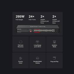 24-портов 10/100 Mbps + 2-портов Gigabit Rackmount комутатор с 24 PoE+ порта Mercusys MS126CP