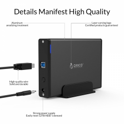 Orico кутия за диск Storage - Case - 3.5 inch Vertical, USB3.0, Power adapter, UASP, black - 7688U3-BK