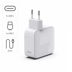 HAMA Бързо зарядно, 30 W, GaN, 2x USB-C, с разтегателен кабел 0.7м, бял