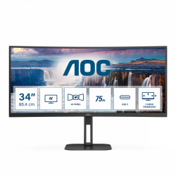 Монитор AOC CU34V5C/BK 34 inch VA Panel WLED, Curved 1500R, 3440x1440, 21:9, 100Hz, 4ms, 300 cd/m2, 3000:1, 20M:1, Anti Glare, 3H, 3-sided frameless, HDMI, DisplayPort, USB-C, 4x USB 3.2, Speakers, Flicker-free, Low blue light, Multiview: PIP, PBP, Tilt, Swivel, HAS, VESA 100, Black