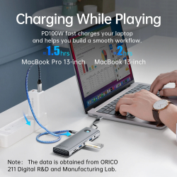 Orico докинг станция Docking Station Type-C - PW11-9P-GY-EP - HDMI x 1, VGA x 1, USB3.0 x 3, USB-C PD100W x 1, LAN x 1 (1Gbps), SD/TF