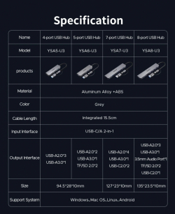 Orico хъб HUB USB-C/USB-A 4 port - USB3.0 x 1, USB2.0 x 3, Aluminium - YSA5-U3-GY