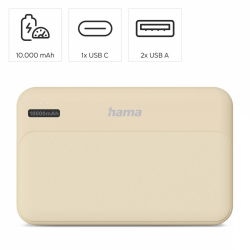 HAMA Външна батерия "Pocket 10", 10000 mAh, Изходи: 2x USB-A, бежов