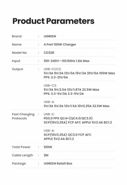 Ugreen универсално зарядно за стена Charger Wall 100W GaN Nexode CD328, 1 x USB-A, 3 x Type-C - 90928