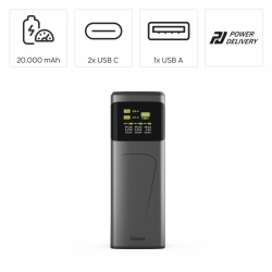 HAMA Външна батерия “High Power”, 65 W, 20000 mAh, 2x USB-C, USB-A, Fast Charging